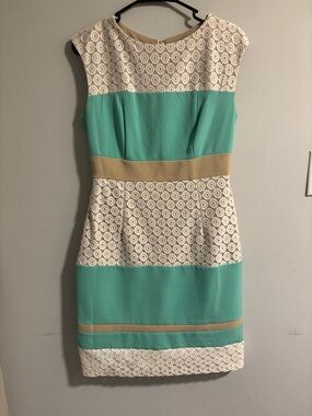 Cap-Sleeve Mint & Cream Lace Sheath Dress with Tan Waistband